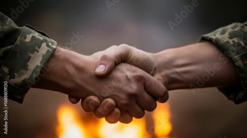 Soldiers shaking hands in front of a campfire a concept of camaraderie and unity