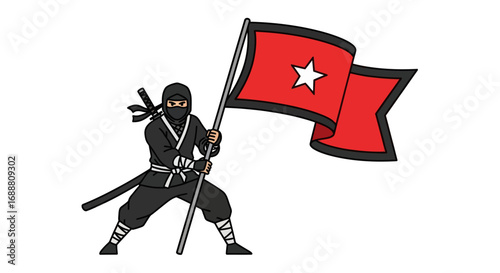 Stealthy Ninja Warrior Holding a Red Flag with a White Star.
