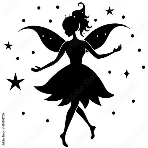 silhouette of a little fairy girl playing with stars