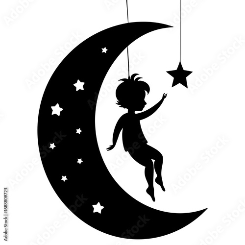 silhouette of a little fairy boy playing with stars