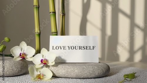 love yourself card with orchids and zen stones 