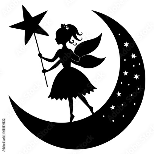 silhouette of a beautiful fairy girl standing on the moon