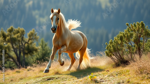 Amazing haflinger stallion prancing in beautiful nature