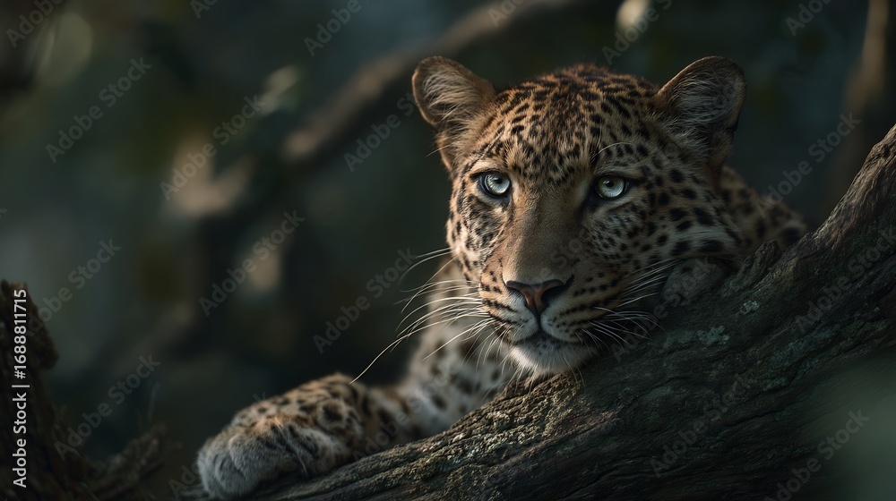 Obraz premium Leopard resting on a tree branch with intense gaze and spotted fur in a natural environment setting