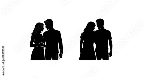 Elegant couple embracing with tender gaze, symbolizing love, romance, and deep connection in a timeless silhouette.