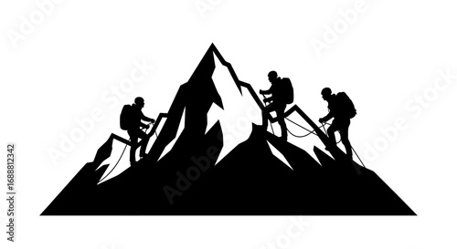 Climbers conquering mountain peak, teamwork and achievement in bold silhouette style