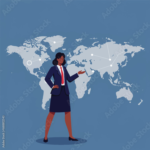 Businesswoman presenting global network concept.