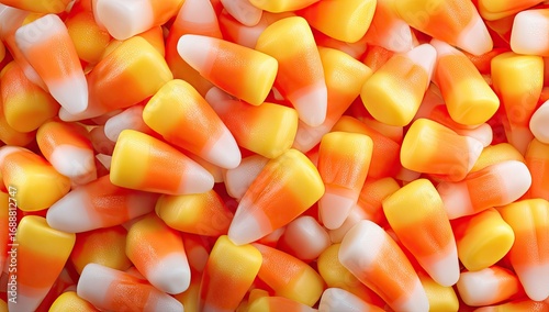 Close-up view of many candy corn candies.