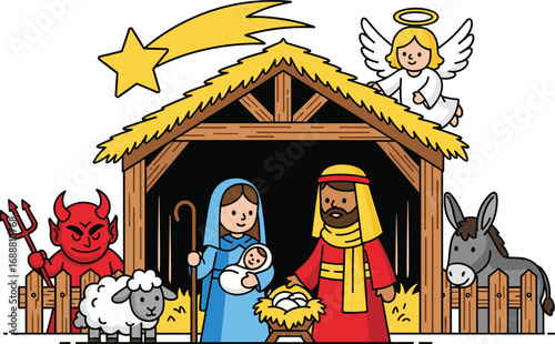 Cartoon nativity scene illustration, creative Christmas character set, baby Jesus and Mary vector, angel and devil contrast, festive religious artwork, holiday story design