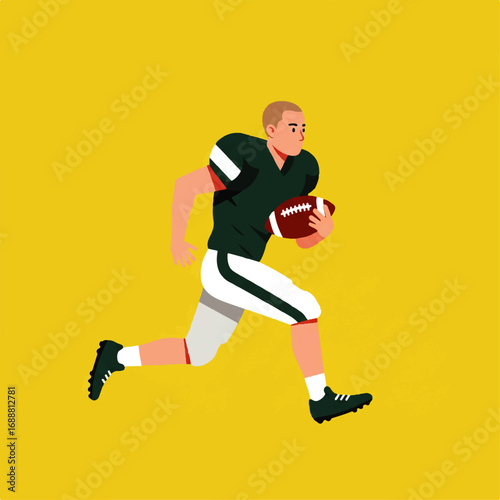 Illustration of an American football player running with a ball on a clean, minimalist and colorful background, without text.