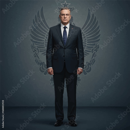 A serious, authoritative man in a formal business suit stands confidently in front of a dark wall with a large, stylized eagle emblem.