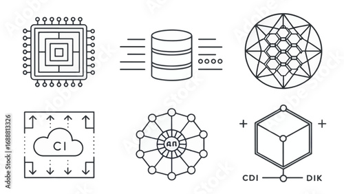 Geometric black and white line icons for artificial intelligence concepts