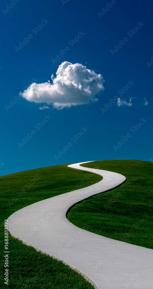 Naklejka premium A winding white path leads through a lush green hill under a vast blue sky with a single cloud