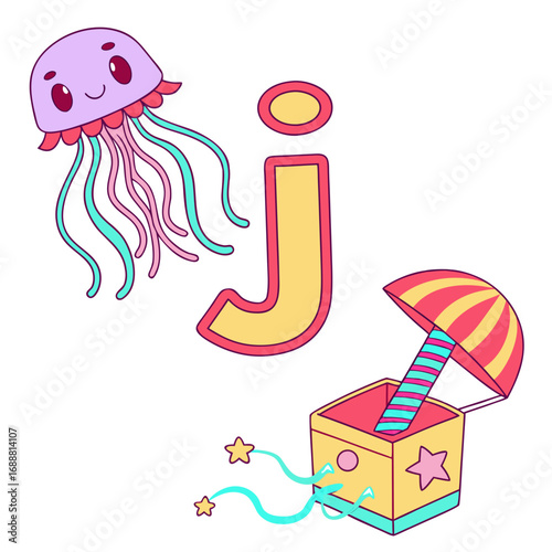 Cute jellyfish and colorful jack-in-the-box with letter j in a playful and vibrant design