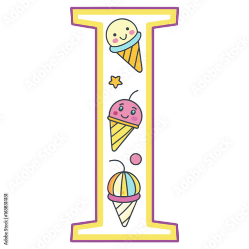 Colorful ice cream cones with happy faces around letter I in a delightful design