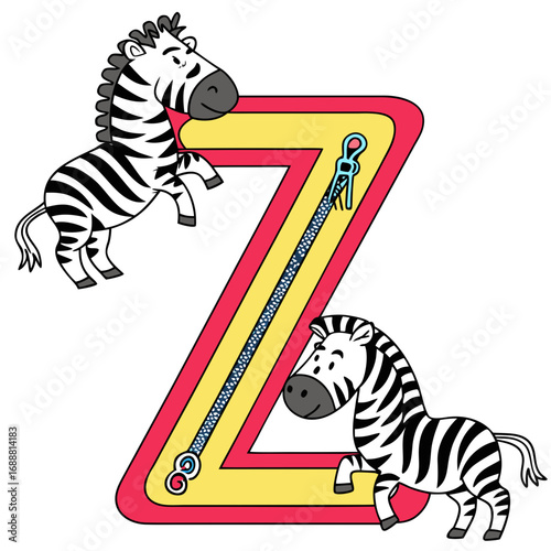 Playful zebras with colorful letter Z, cheerful cartoon design for children's illustration