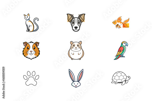 Collection nine stylized animal icons a fish guinea