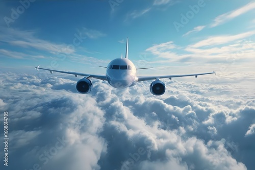 Jet flying above clouds under blue sky.