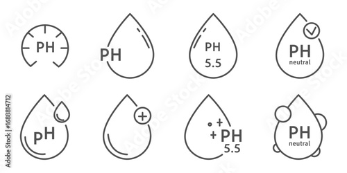 Ph icon, line simple set. Neutral balance skin, thin line web symbol. Drop with PH symbol. certified, tested products for skin, hair and food. Healthcare cosmetic natural 
