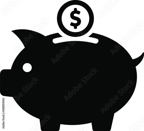Piggy bank savings icon, financial planning silhouette, money deposit symbol, budget management vector, black economy graphic, personal finance design, dollar coin artwork