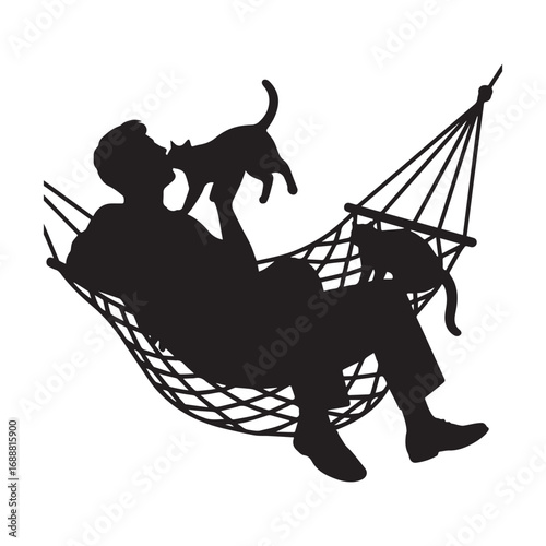 A man is in a hammock with a cat in his mouth silhouette on white Background. 