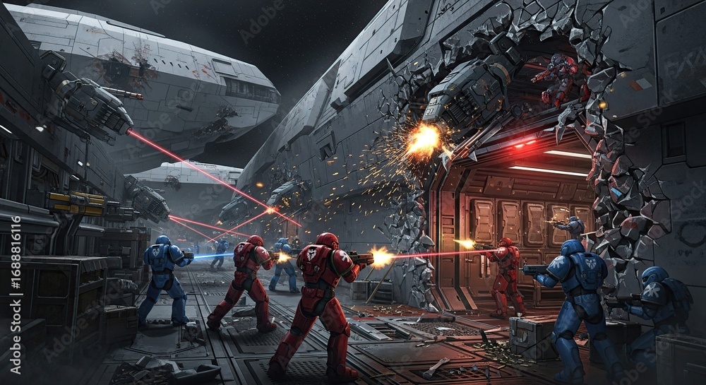 Fototapeta premium Intense Crossfire as Rival Space Marine Factions Battle During a Starship Breach