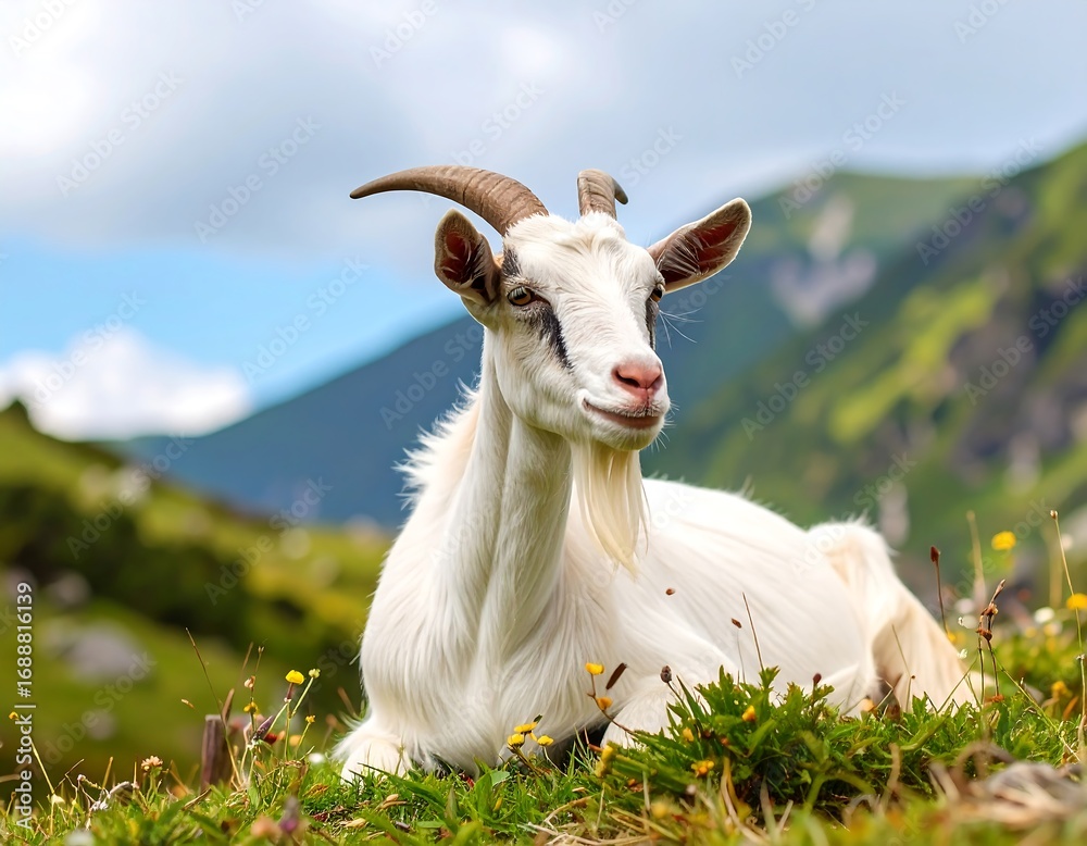 Obraz premium White goat resting in a lush green meadow landscape