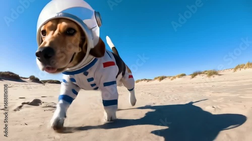 Beagle dog runs on beach in astronaut suit and helmet, sunny sky