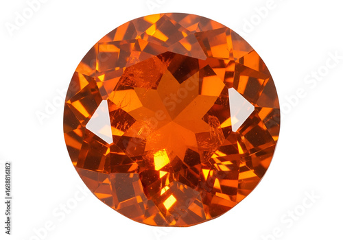 Close-up view of a vibrant, round gemstone, showcasing intricate facets and a rich orange hue against a stark black backdrop.