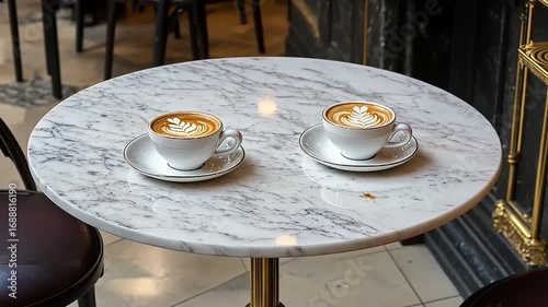 Morning indulgence: Two latte art coffees on a marble table in a cozy cafe