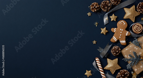 Festive Christmas decorations arranged on dark textured surface; holiday celebration concept.