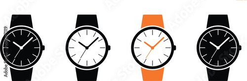 Wristwatch time-reading illustration set, analog clock face icons, cartoon watch collection, time-telling activity graphic, educational vector design, black and color band artwork