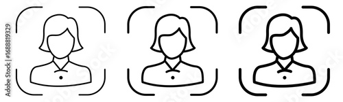 Female adult avatar profile icons with face recognition brackets, outline line style user identification and login symbols, vector illustration isolated on transparent background