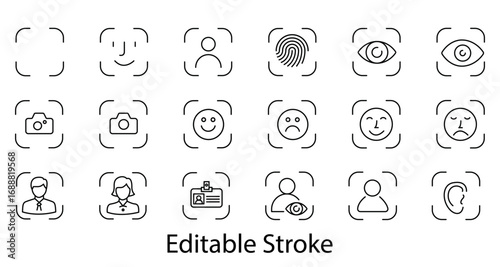 Set of face recognition biometric identification icons set with camera, fingerprint, eye scan, emotions, profiles, ear and ID card isolated on transparent background vector illustration