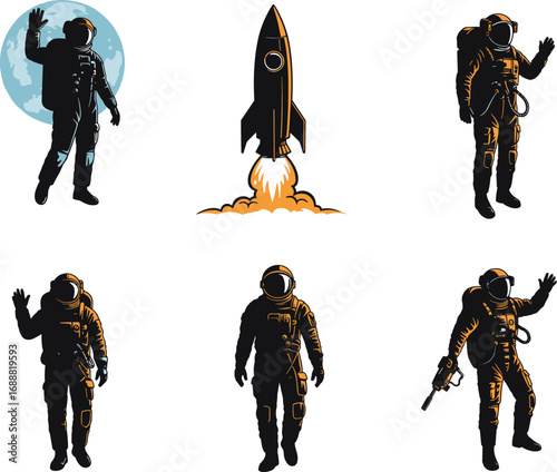 Astronaut silhouettes with space rocket launching, space exploration, moon background, space suits, cosmic adventure, futuristic space vector illustrations.