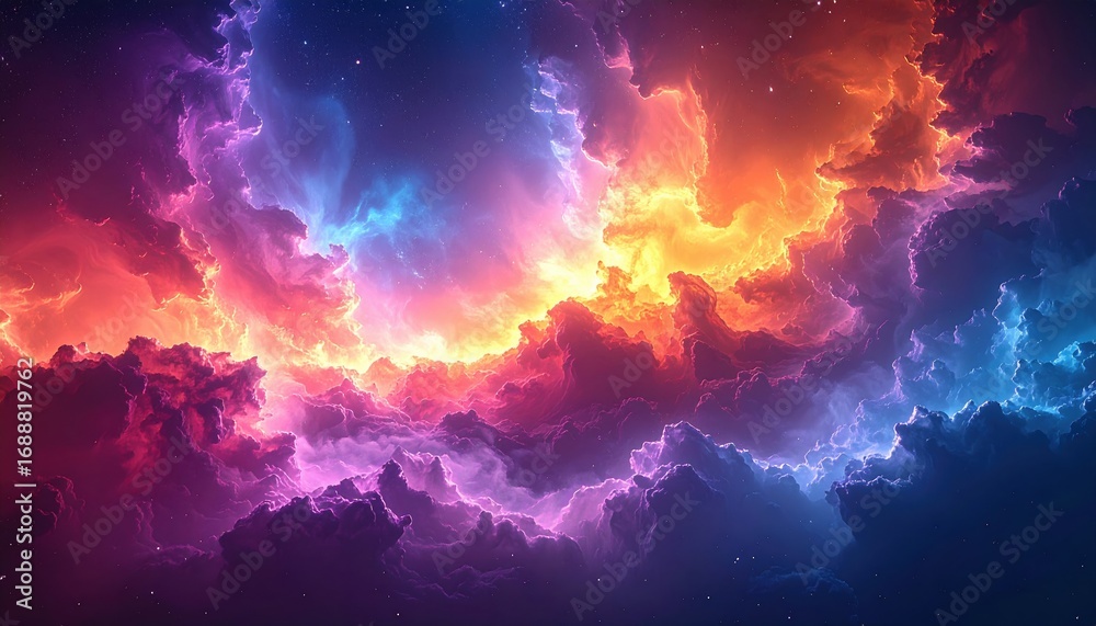 Naklejka premium Vibrant, swirling nebula clouds in cosmic space, fiery and electric hues.