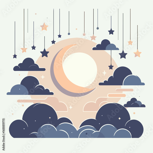 Illustration of Moon, Stars, Hanging Clouds