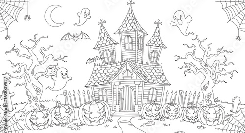 Haunted house illustration with pumpkins and ghosts for Halloween  