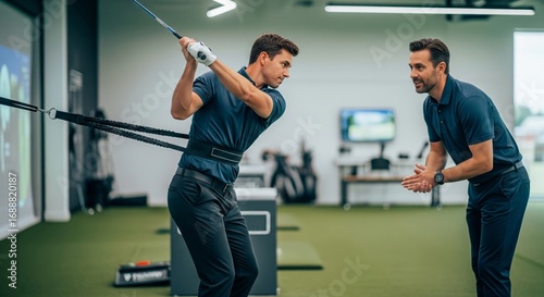 Golf learning scene with golfer practicing swing using resistance band trainer indoors as coach gives guidance. Focused educational atmosphere, clean well-lit space, cinematic style
