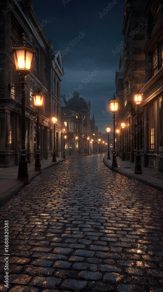 Obraz premium Cobblestone street at twilight. Old buildings line a narrow street, lit by gas lamps