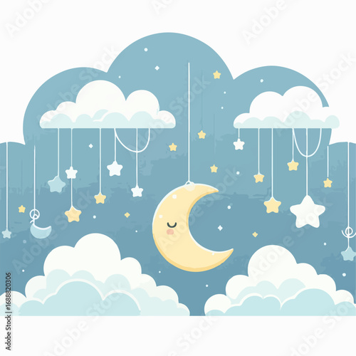 Illustration of Moon, Stars, Hanging Clouds