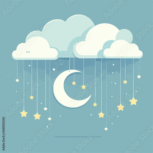 Illustration of Moon, Stars, Hanging Clouds
