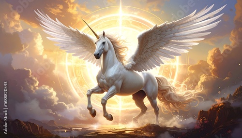 Majestic winged unicorn in golden light