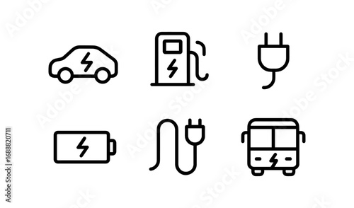 Electric transport icons: car, bus, battery, charging station, plug