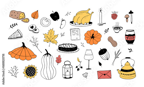 Thanksgiving autumn minimalist line art. Hand drawn holiday illustration set with colorful accents. Pumpkins, turkey, pie, autumn harvest. Vector set