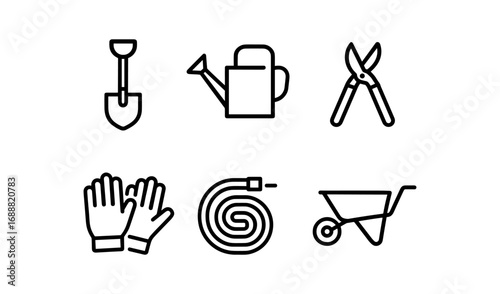Essential gardening tools icons set in minimal linear design for home and garden projects