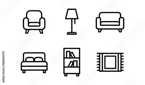 Minimalist home furniture icons set featuring sofa, lamp, bookshelf, and rug in linear design