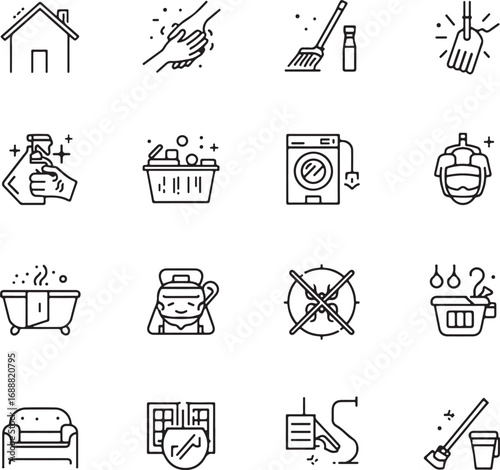 Home cleaning and housekeeping icon set with vacuum cleaner, mop, detergent, washing machine,