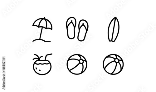 Minimalist summer icons: umbrella, sandals, surfboard, coconut drink, beach ball