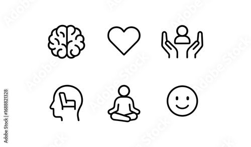 Minimalist outline icons depicting wellness with mind and heart motifs